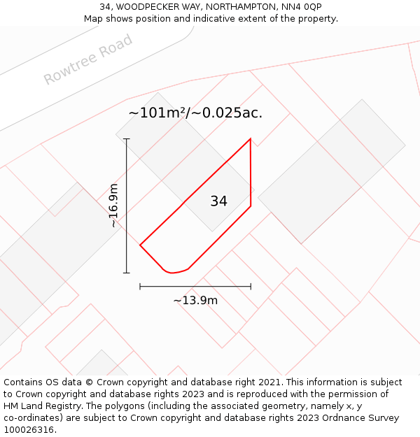 34, WOODPECKER WAY, NORTHAMPTON, NN4 0QP: Plot and title map