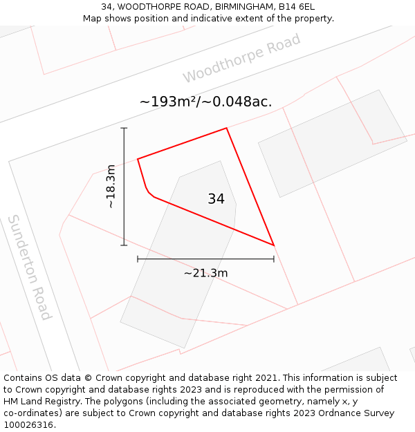 34, WOODTHORPE ROAD, BIRMINGHAM, B14 6EL: Plot and title map