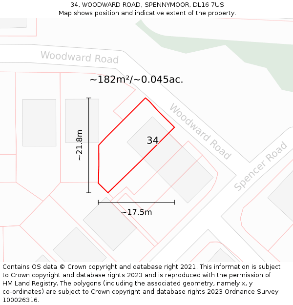 34, WOODWARD ROAD, SPENNYMOOR, DL16 7US: Plot and title map