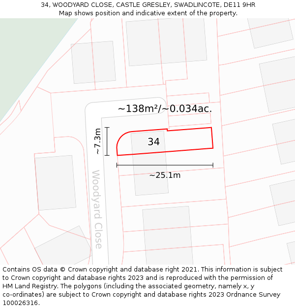 34, WOODYARD CLOSE, CASTLE GRESLEY, SWADLINCOTE, DE11 9HR: Plot and title map
