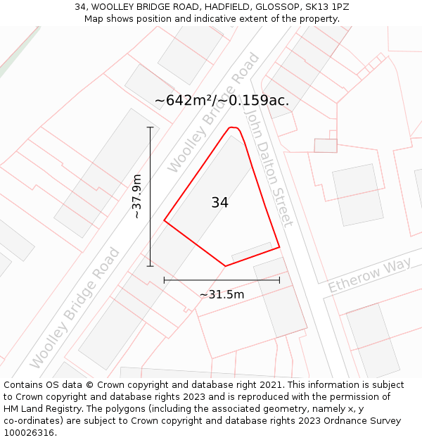 34, WOOLLEY BRIDGE ROAD, HADFIELD, GLOSSOP, SK13 1PZ: Plot and title map