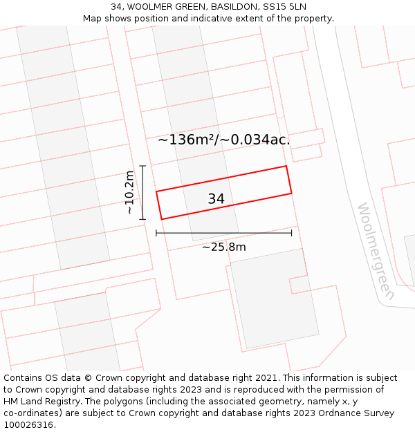 34, WOOLMER GREEN, BASILDON, SS15 5LN: Plot and title map