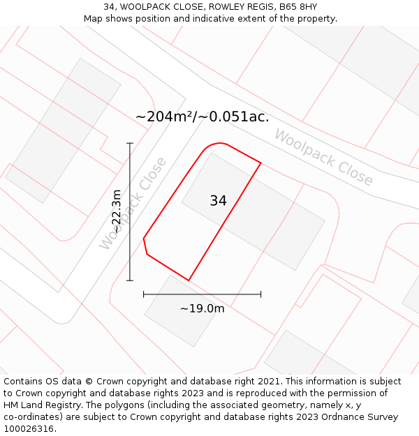 34, WOOLPACK CLOSE, ROWLEY REGIS, B65 8HY: Plot and title map