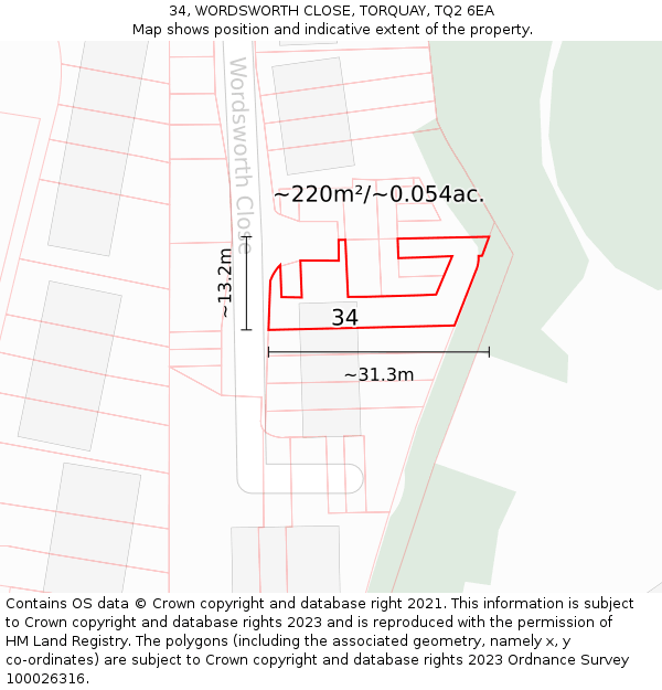 34, WORDSWORTH CLOSE, TORQUAY, TQ2 6EA: Plot and title map