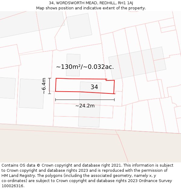 34, WORDSWORTH MEAD, REDHILL, RH1 1AJ: Plot and title map