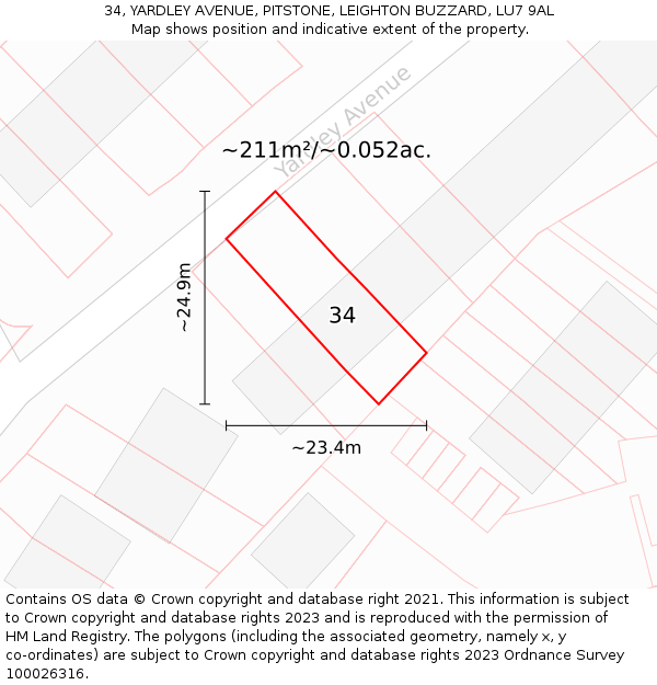 34, YARDLEY AVENUE, PITSTONE, LEIGHTON BUZZARD, LU7 9AL: Plot and title map