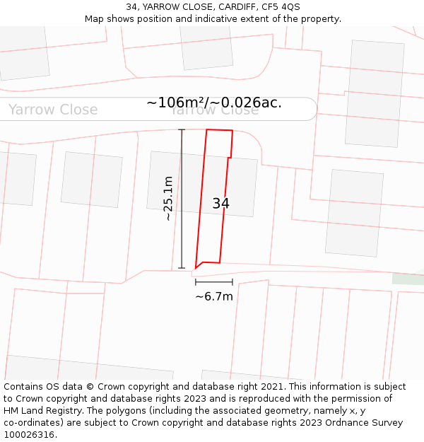 34, YARROW CLOSE, CARDIFF, CF5 4QS: Plot and title map