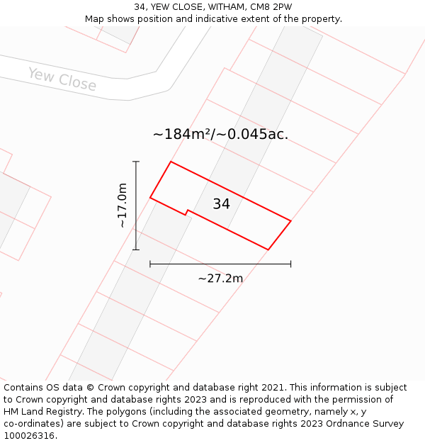 34, YEW CLOSE, WITHAM, CM8 2PW: Plot and title map