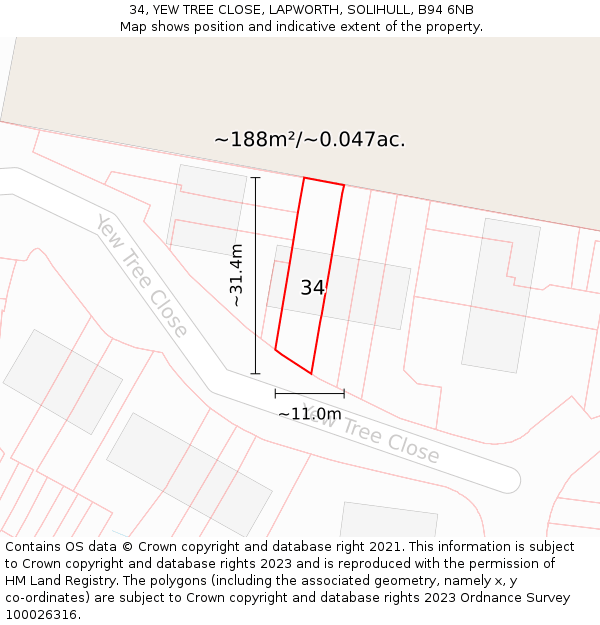 34, YEW TREE CLOSE, LAPWORTH, SOLIHULL, B94 6NB: Plot and title map