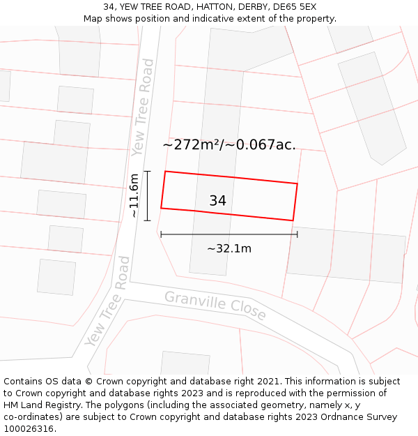 34, YEW TREE ROAD, HATTON, DERBY, DE65 5EX: Plot and title map
