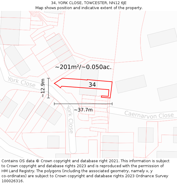 34, YORK CLOSE, TOWCESTER, NN12 6JE: Plot and title map