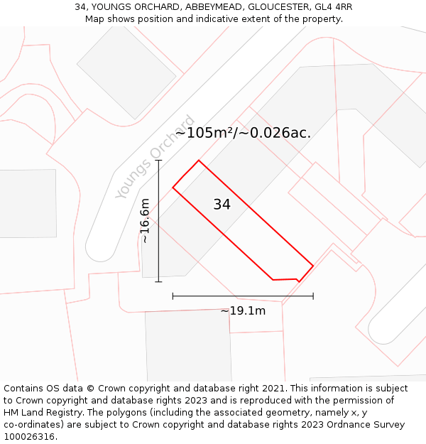 34, YOUNGS ORCHARD, ABBEYMEAD, GLOUCESTER, GL4 4RR: Plot and title map