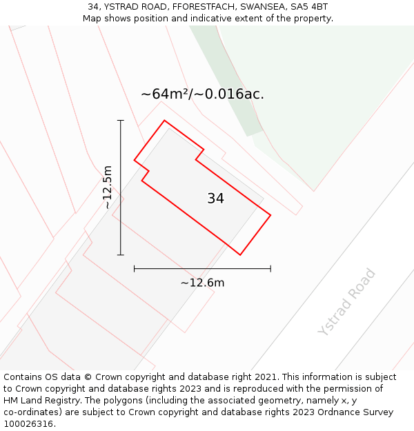 34, YSTRAD ROAD, FFORESTFACH, SWANSEA, SA5 4BT: Plot and title map
