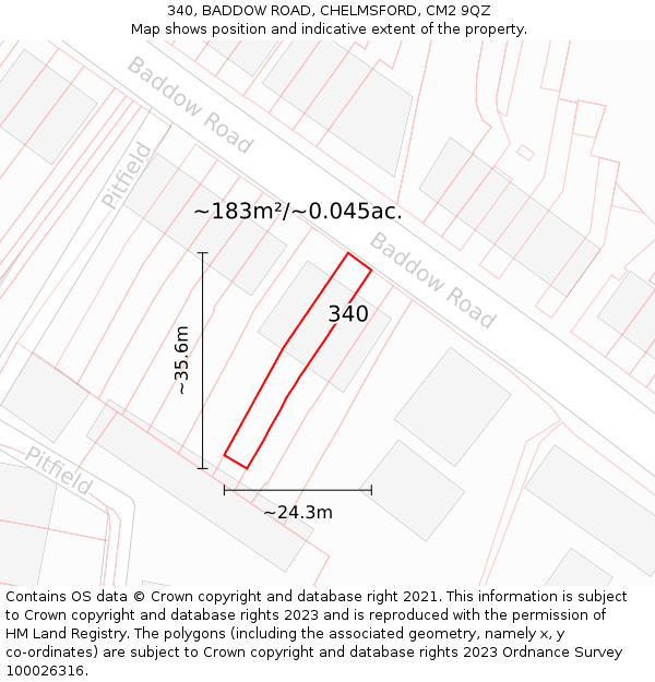 340, BADDOW ROAD, CHELMSFORD, CM2 9QZ: Plot and title map