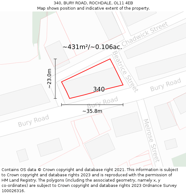 340, BURY ROAD, ROCHDALE, OL11 4EB: Plot and title map
