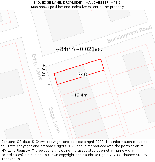 340, EDGE LANE, DROYLSDEN, MANCHESTER, M43 6JJ: Plot and title map