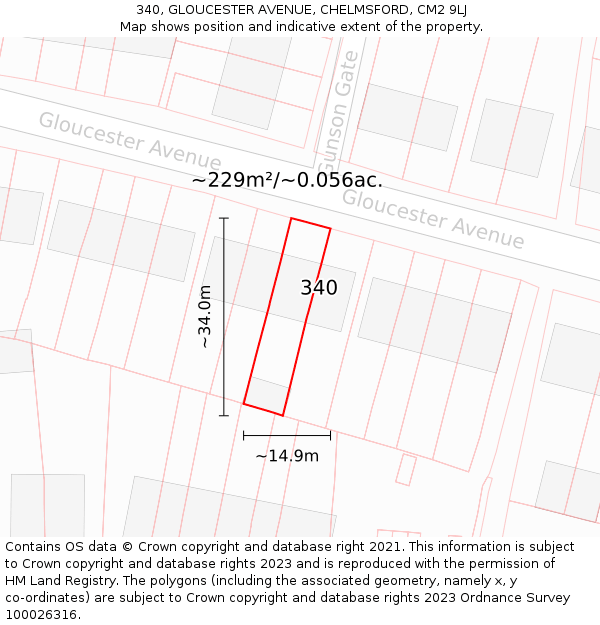 340, GLOUCESTER AVENUE, CHELMSFORD, CM2 9LJ: Plot and title map