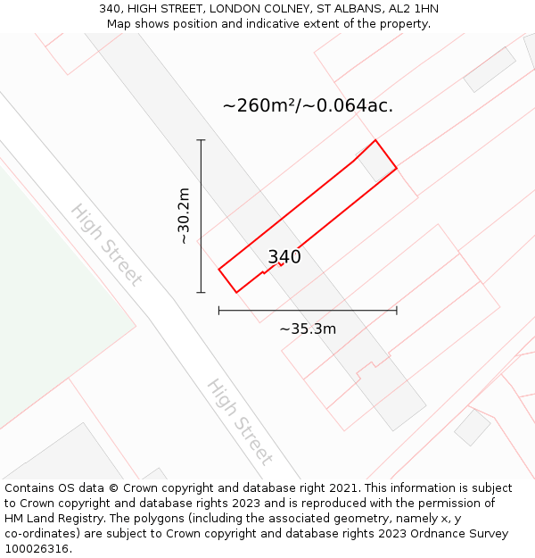340, HIGH STREET, LONDON COLNEY, ST ALBANS, AL2 1HN: Plot and title map