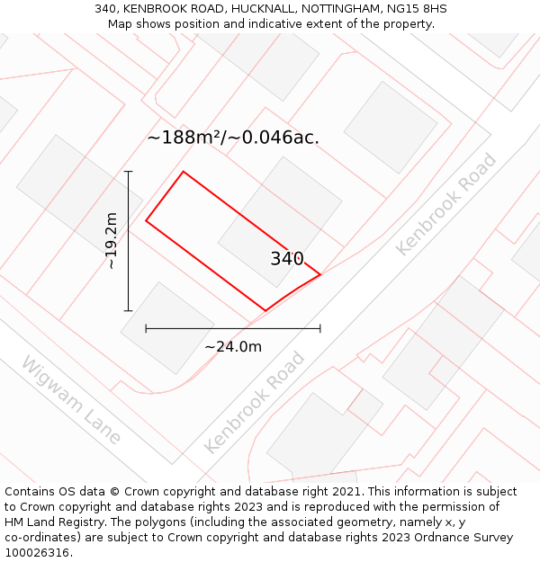 340, KENBROOK ROAD, HUCKNALL, NOTTINGHAM, NG15 8HS: Plot and title map