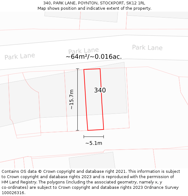 340, PARK LANE, POYNTON, STOCKPORT, SK12 1RL: Plot and title map