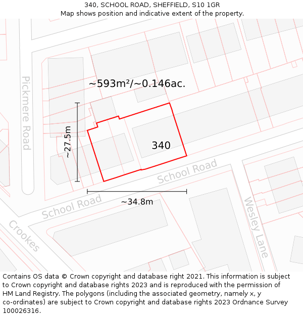 340, SCHOOL ROAD, SHEFFIELD, S10 1GR: Plot and title map