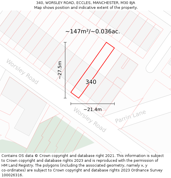 340, WORSLEY ROAD, ECCLES, MANCHESTER, M30 8JA: Plot and title map