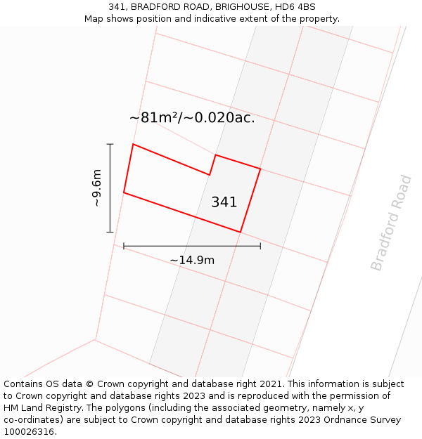 341, BRADFORD ROAD, BRIGHOUSE, HD6 4BS: Plot and title map