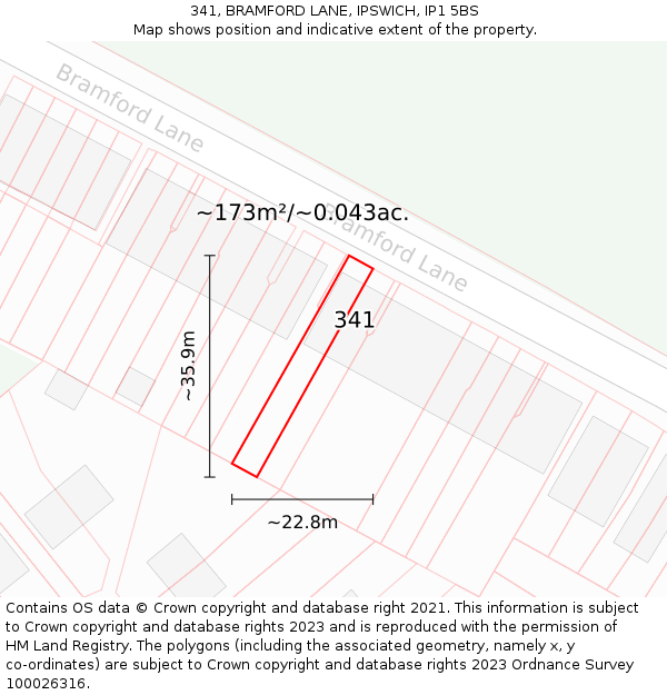 341, BRAMFORD LANE, IPSWICH, IP1 5BS: Plot and title map