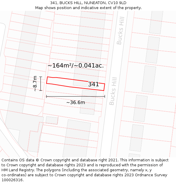 341, BUCKS HILL, NUNEATON, CV10 9LD: Plot and title map