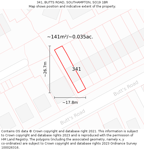 341, BUTTS ROAD, SOUTHAMPTON, SO19 1BR: Plot and title map