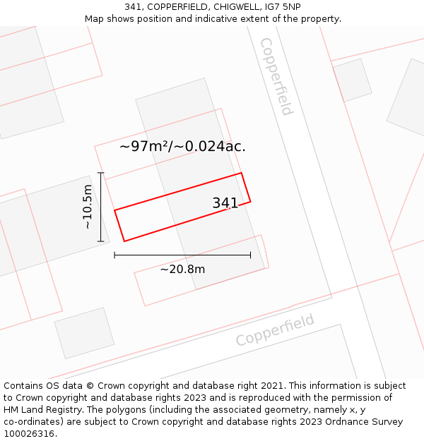 341, COPPERFIELD, CHIGWELL, IG7 5NP: Plot and title map