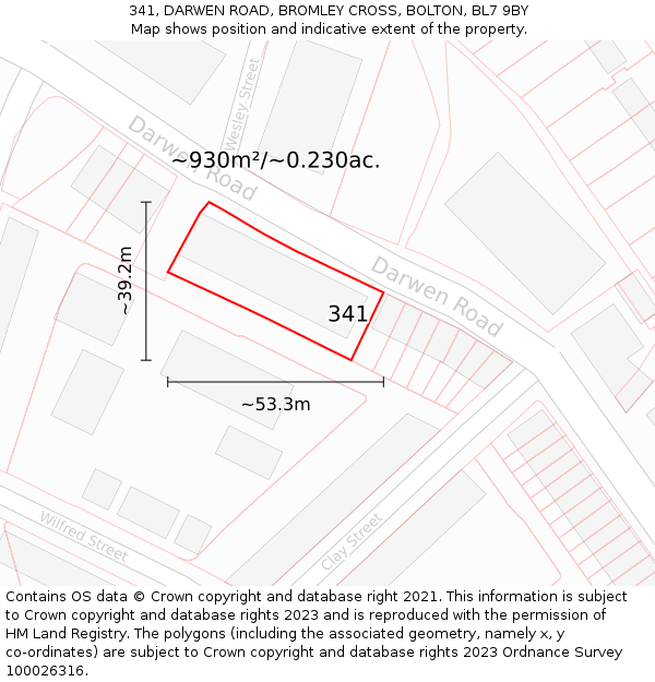 341, DARWEN ROAD, BROMLEY CROSS, BOLTON, BL7 9BY: Plot and title map