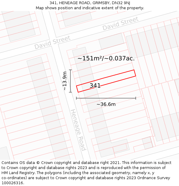 341, HENEAGE ROAD, GRIMSBY, DN32 9NJ: Plot and title map