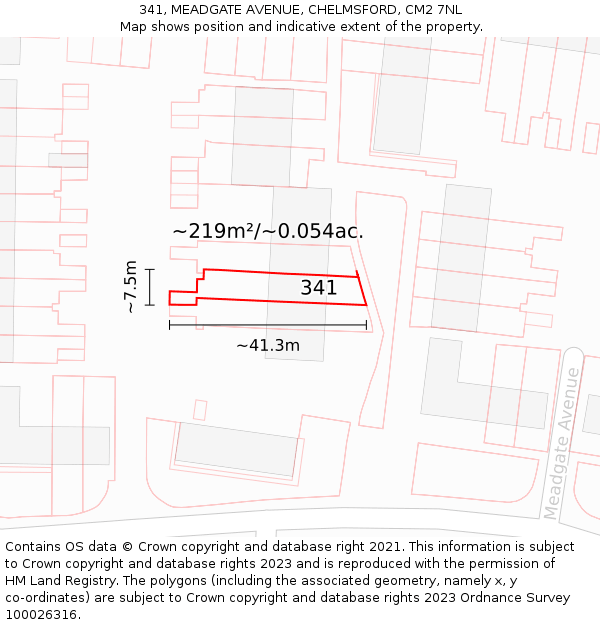 341, MEADGATE AVENUE, CHELMSFORD, CM2 7NL: Plot and title map