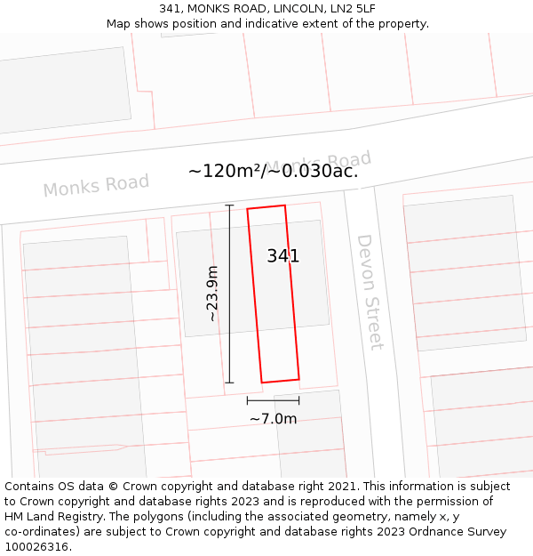 341, MONKS ROAD, LINCOLN, LN2 5LF: Plot and title map