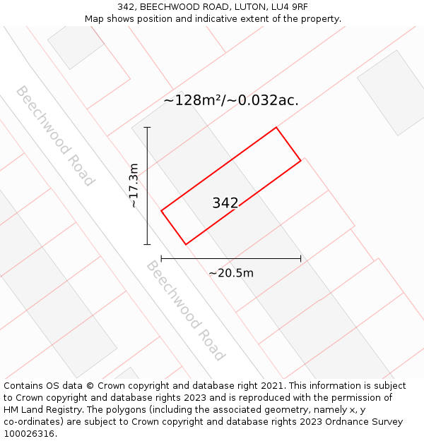 342, BEECHWOOD ROAD, LUTON, LU4 9RF: Plot and title map