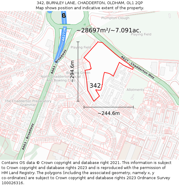 342, BURNLEY LANE, CHADDERTON, OLDHAM, OL1 2QP: Plot and title map