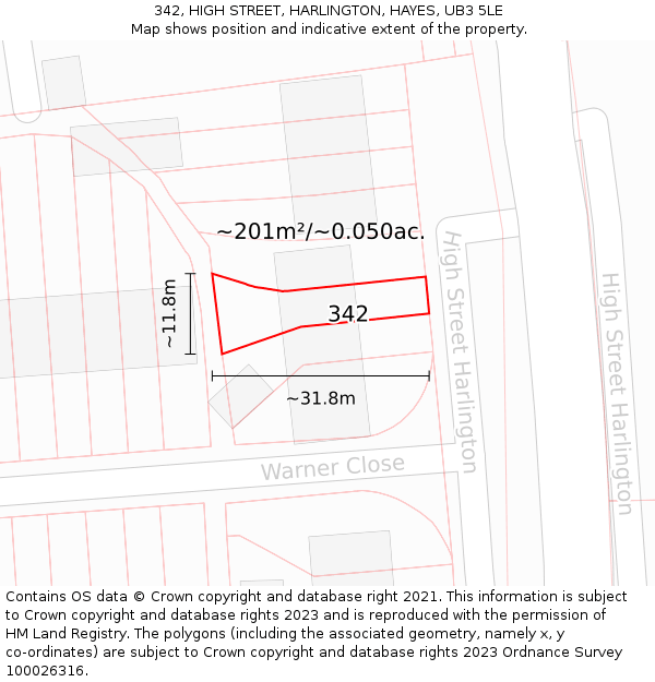 342, HIGH STREET, HARLINGTON, HAYES, UB3 5LE: Plot and title map