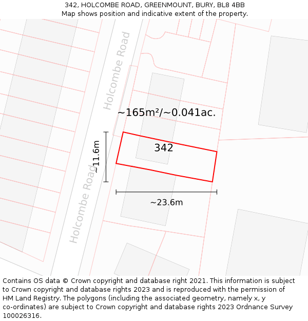 342, HOLCOMBE ROAD, GREENMOUNT, BURY, BL8 4BB: Plot and title map