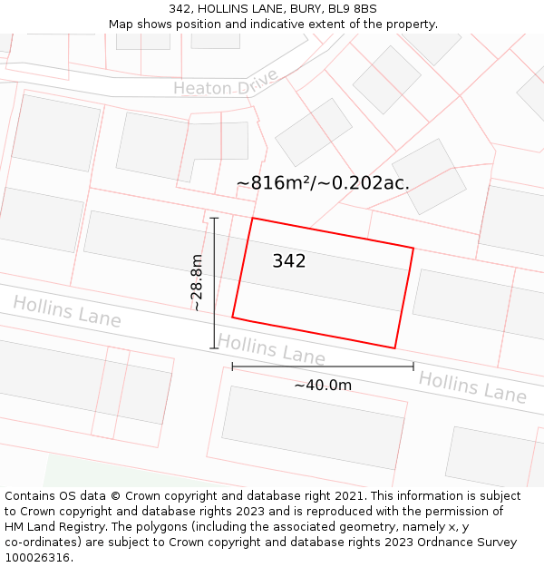 342, HOLLINS LANE, BURY, BL9 8BS: Plot and title map