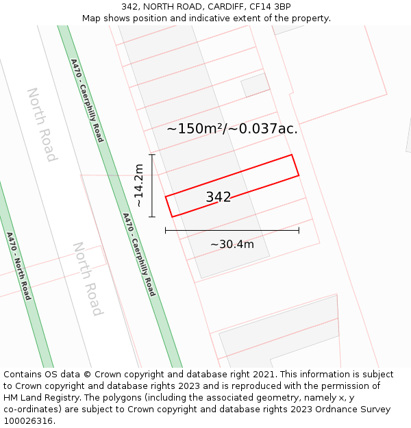 342, NORTH ROAD, CARDIFF, CF14 3BP: Plot and title map