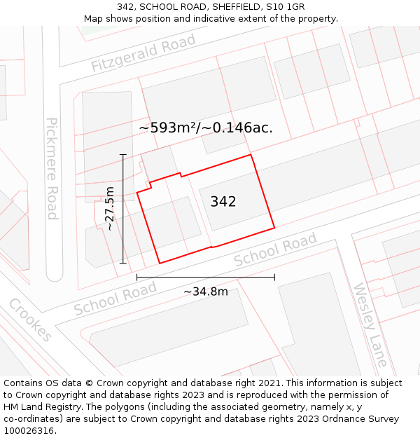 342, SCHOOL ROAD, SHEFFIELD, S10 1GR: Plot and title map