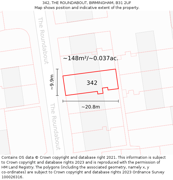 342, THE ROUNDABOUT, BIRMINGHAM, B31 2UF: Plot and title map