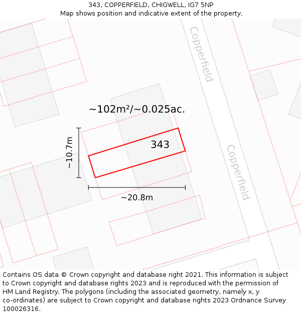 343, COPPERFIELD, CHIGWELL, IG7 5NP: Plot and title map