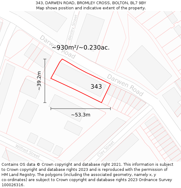343, DARWEN ROAD, BROMLEY CROSS, BOLTON, BL7 9BY: Plot and title map