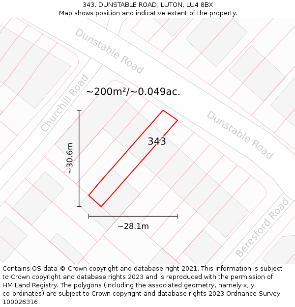 343, DUNSTABLE ROAD, LUTON, LU4 8BX: Plot and title map