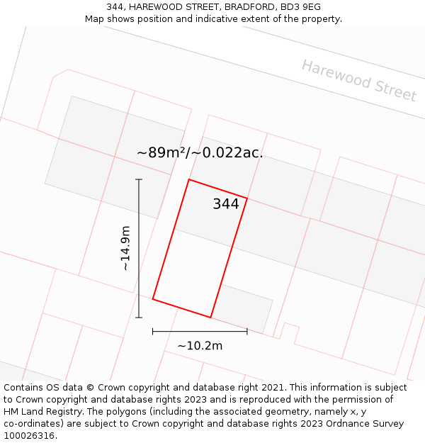 344, HAREWOOD STREET, BRADFORD, BD3 9EG: Plot and title map