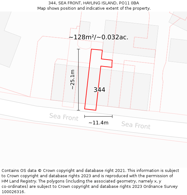 344, SEA FRONT, HAYLING ISLAND, PO11 0BA: Plot and title map