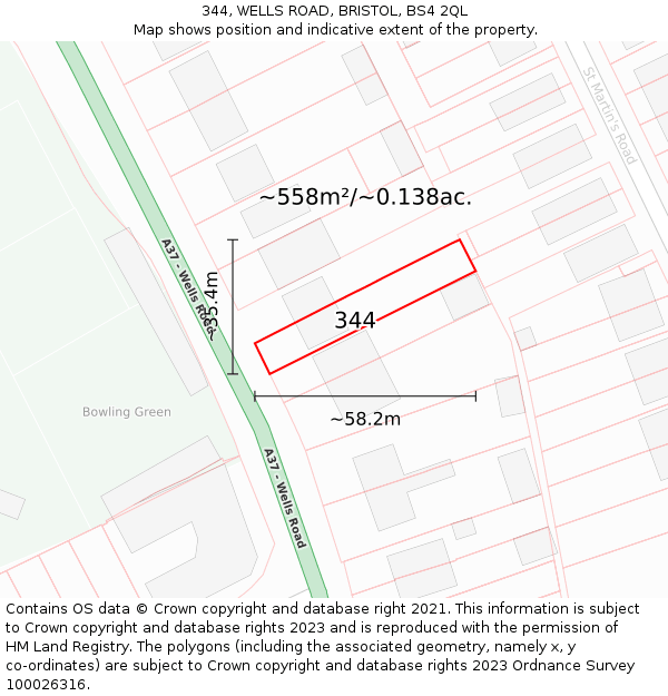 344, WELLS ROAD, BRISTOL, BS4 2QL: Plot and title map