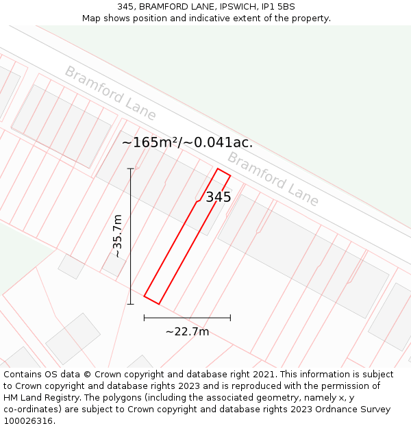 345, BRAMFORD LANE, IPSWICH, IP1 5BS: Plot and title map